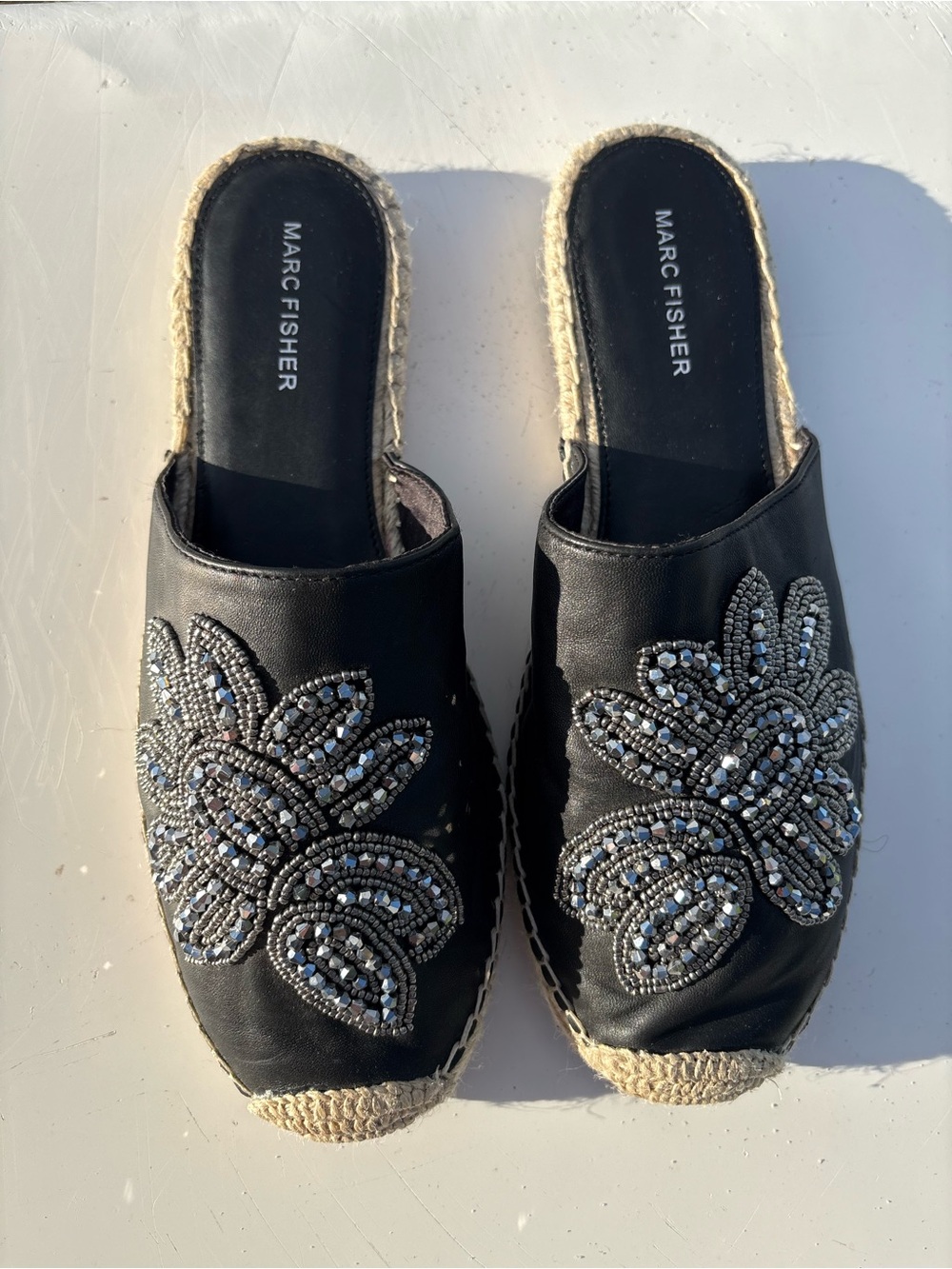 NEW Marc Fisher Black Floral Rhinestone Beaded Mule Slide Espadrilles, 10